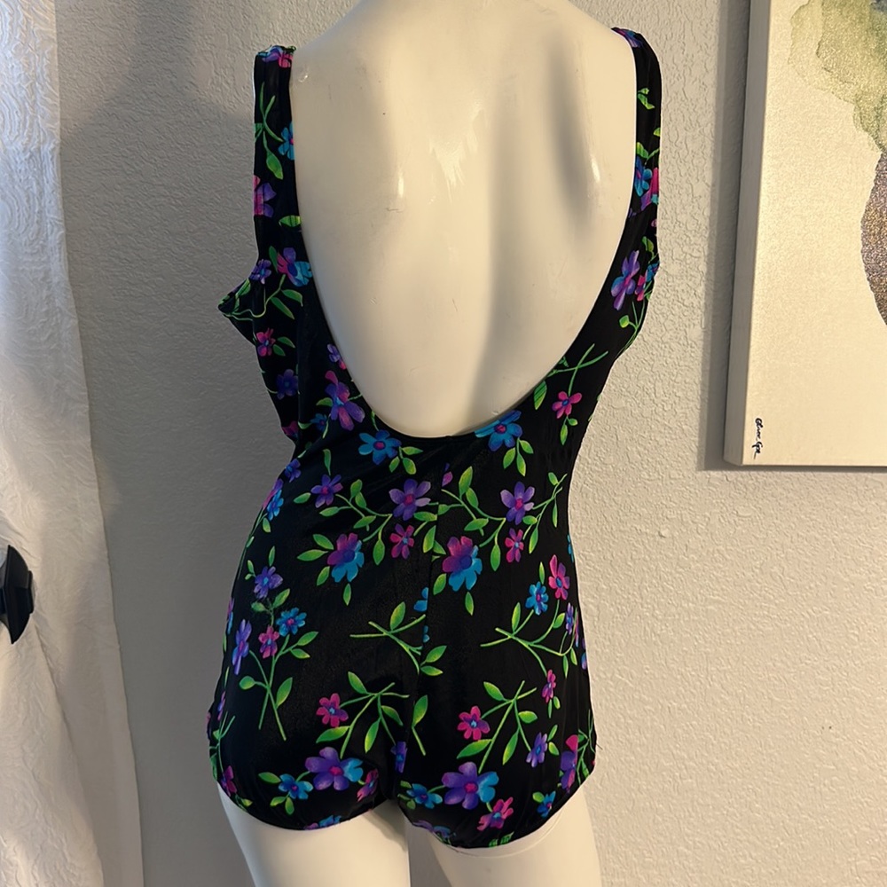 Vintage MAILLOT BALTEX Canadian One-Piece black Floral Swimsuit - Picture 2 of 10